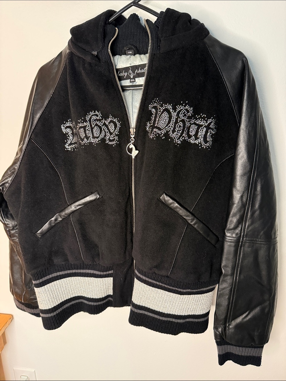 Vintage Baby Phat Velour Bomber Jacket Removable Hood Leather Sleeves Bedazzled